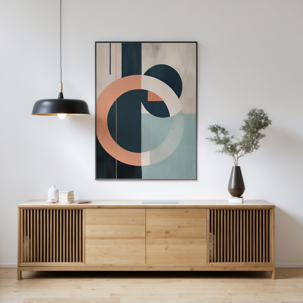 Modern wood console with abstract circular artwork and minimalist decor