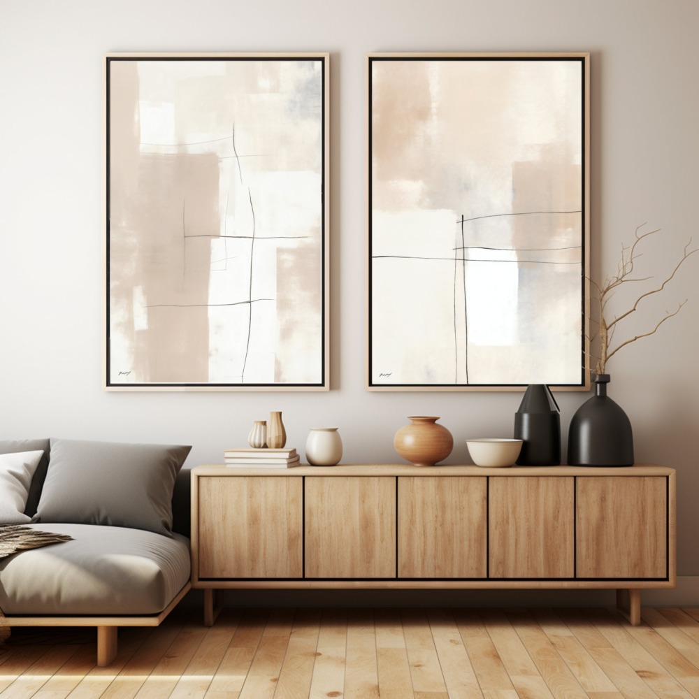 Minimalist abstract art paired with neutral decor in modern living room setting.