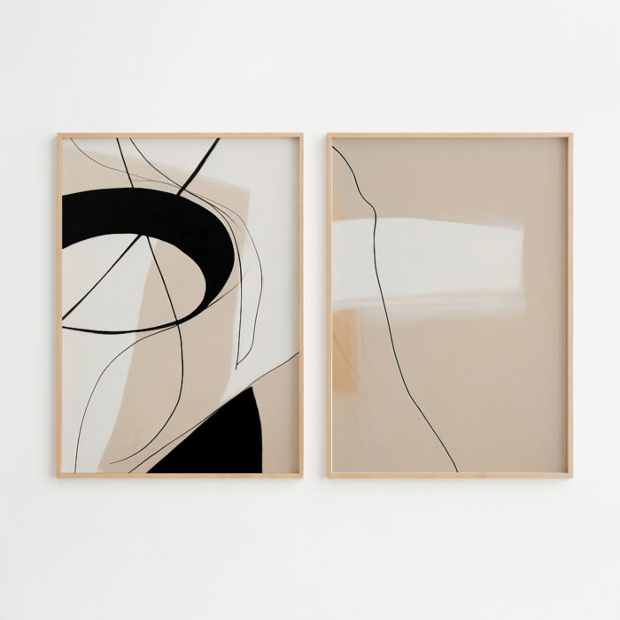 Two minimalist abstract prints with curved lines in wooden frames against white wall.