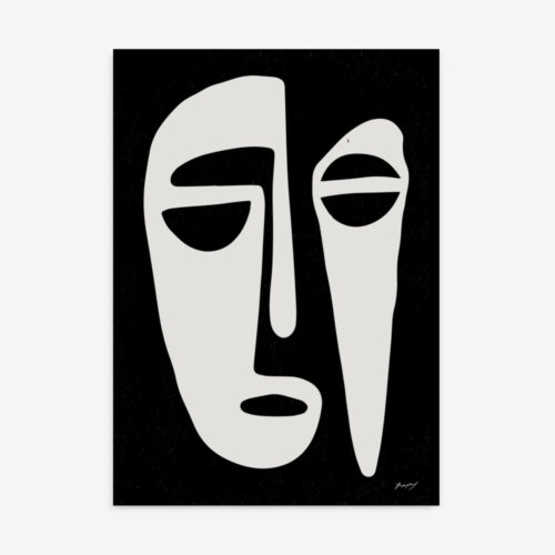 Minimalist white abstract face profiles against black background, modernist geometric design.