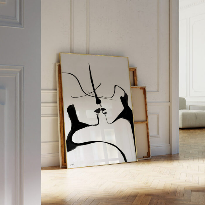 Minimalist black line art depicting a couple, leaning against white wall in modern space.