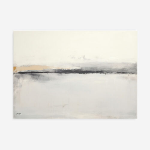 Minimalist abstract landscape with pale cream water beneath a soft gray horizon line.
