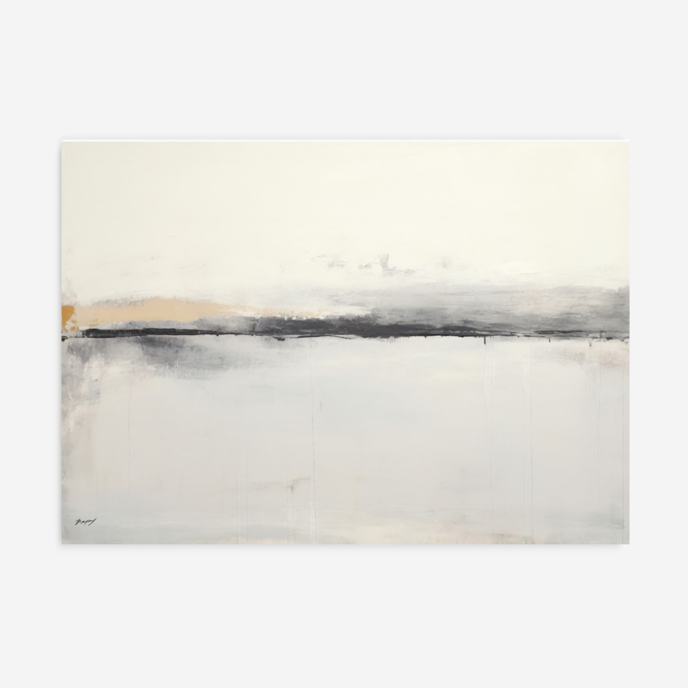 Minimalist abstract landscape with pale cream water beneath a soft gray horizon line.