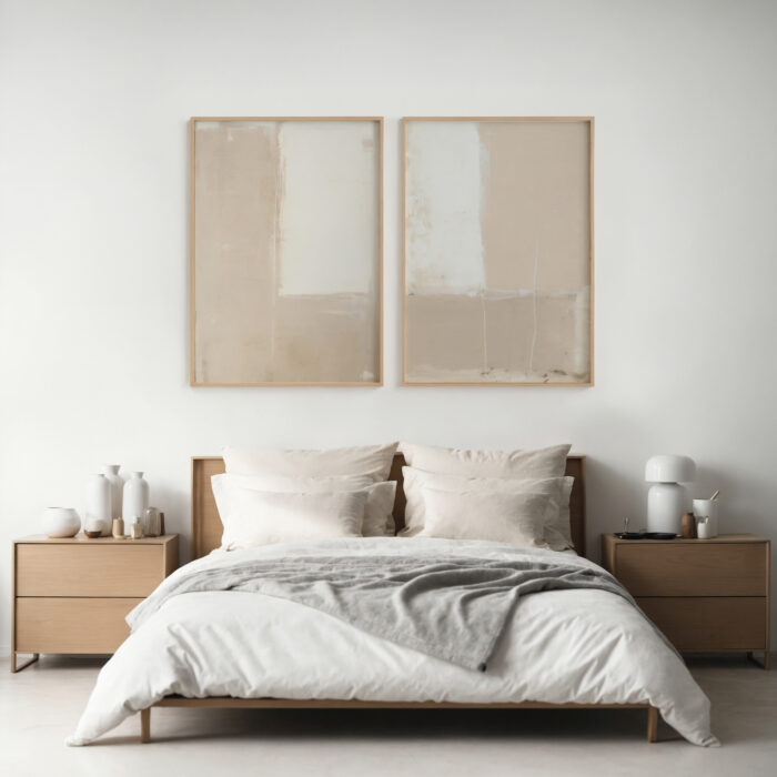 Serene minimalist bedroom with neutral tones and abstract artwork above wooden bed frame.