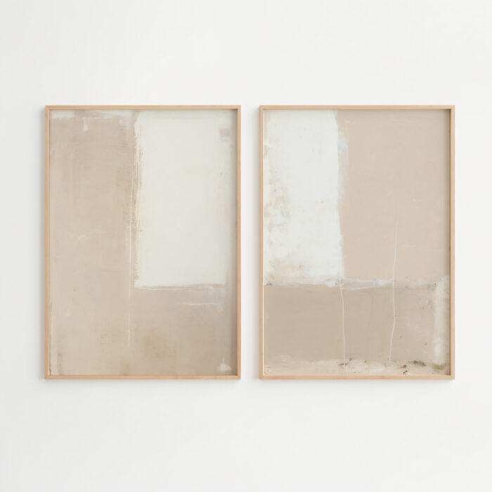 Minimalist abstract diptych artwork in soft beige tones with natural wood frames