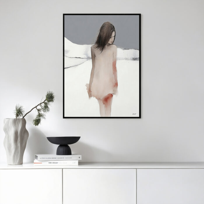 Minimalist Nordic abstract figure art in soft watercolors with black frame on white wall.