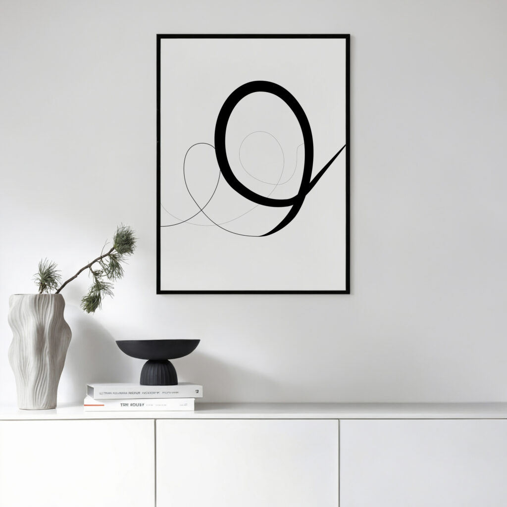 Minimalist black curve art print above white console with simple decor arrangement.