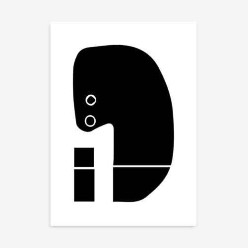 Minimalist abstract design featuring curved black shape with white circles and rectangular elements.