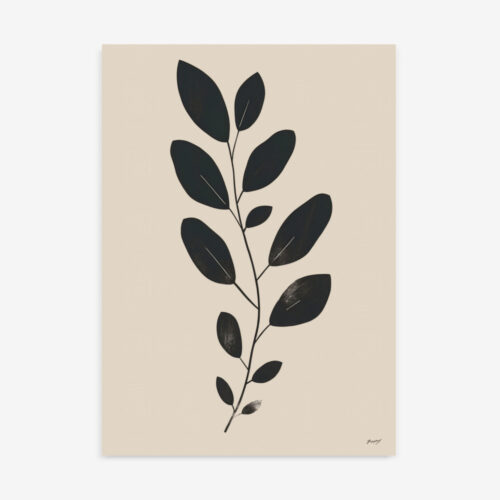 Minimalist black botanical branch with leaves on beige background