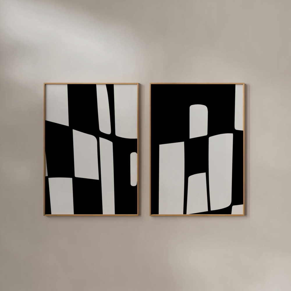 Minimalist black and white abstract diptych art - geometric wall prints for modern interiors