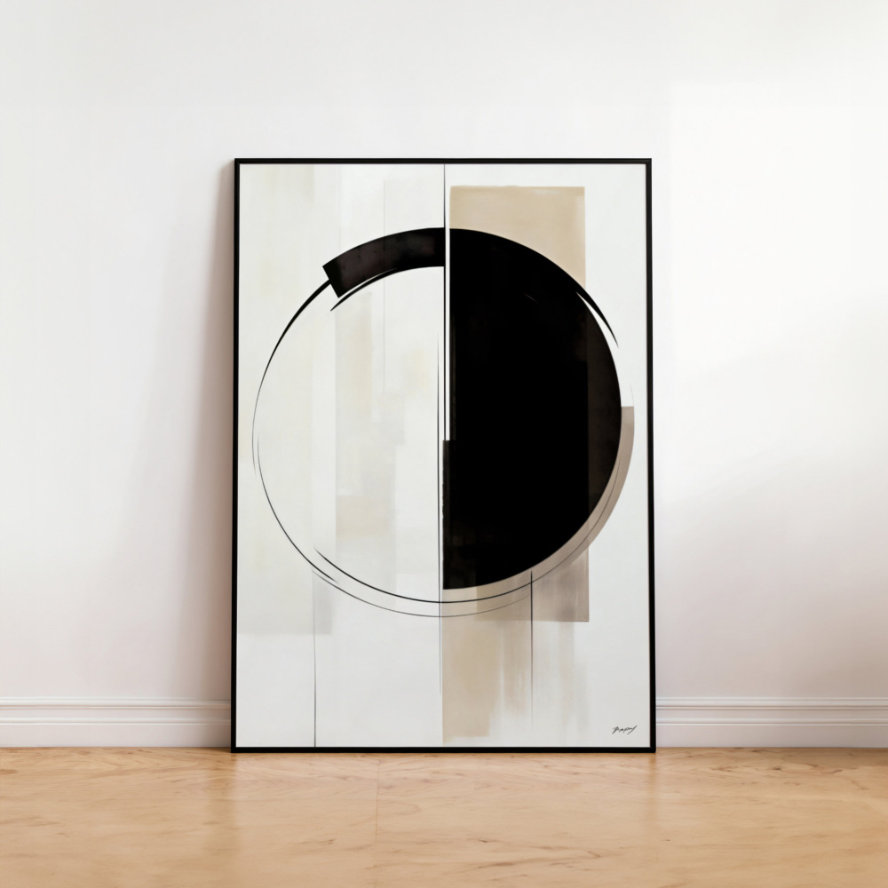 Minimalist abstract art print featuring black circle on neutral beige background in sleek frame.