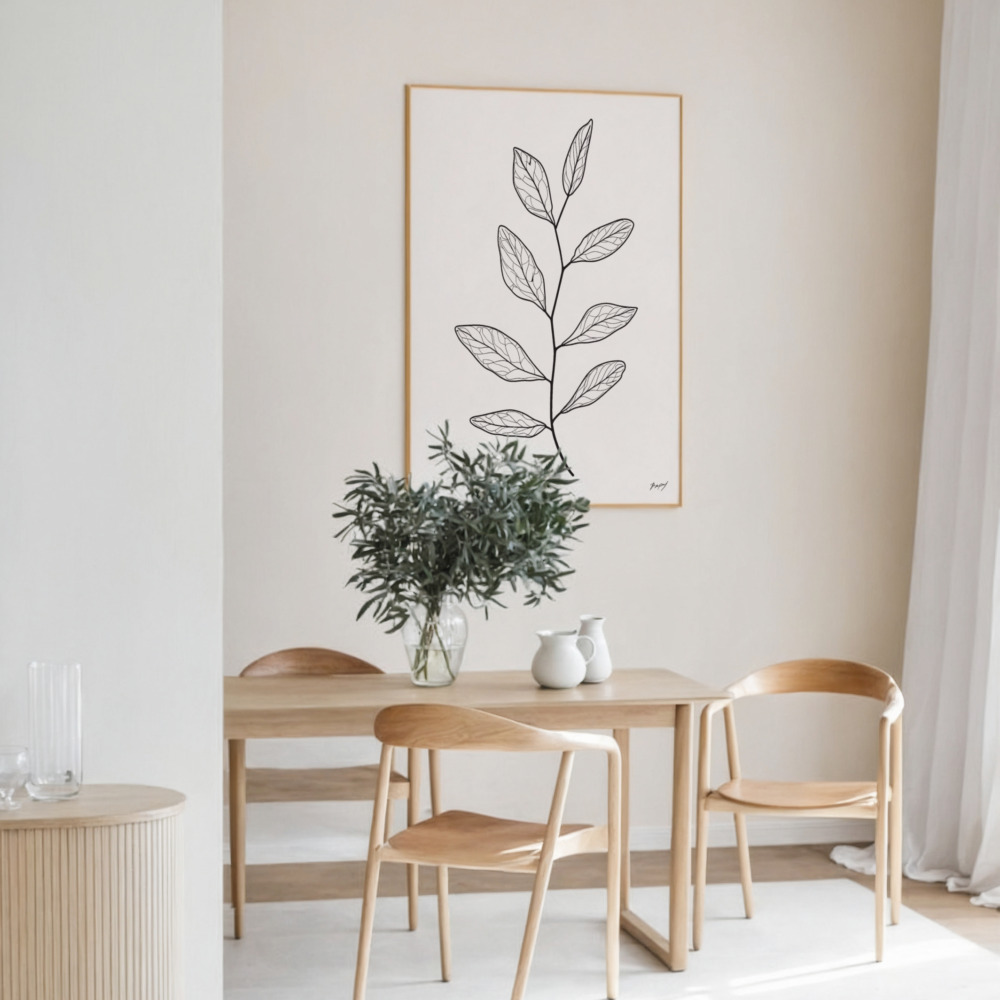 minimalist kitchen prints: line art botanical & still... Minimalist Botanical Art Print - Delicate Line Drawing of Leaves