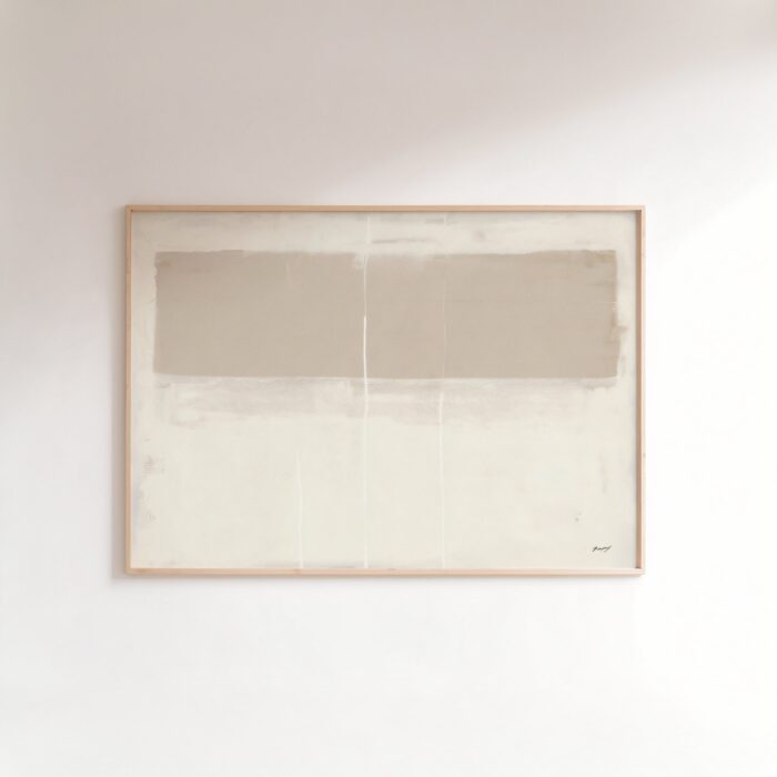 Minimalist abstract wall art in neutral earth tones with light wooden frame.