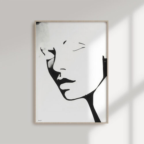 Minimalist black and white line art portrait showing abstract female profile in elegant frame.
