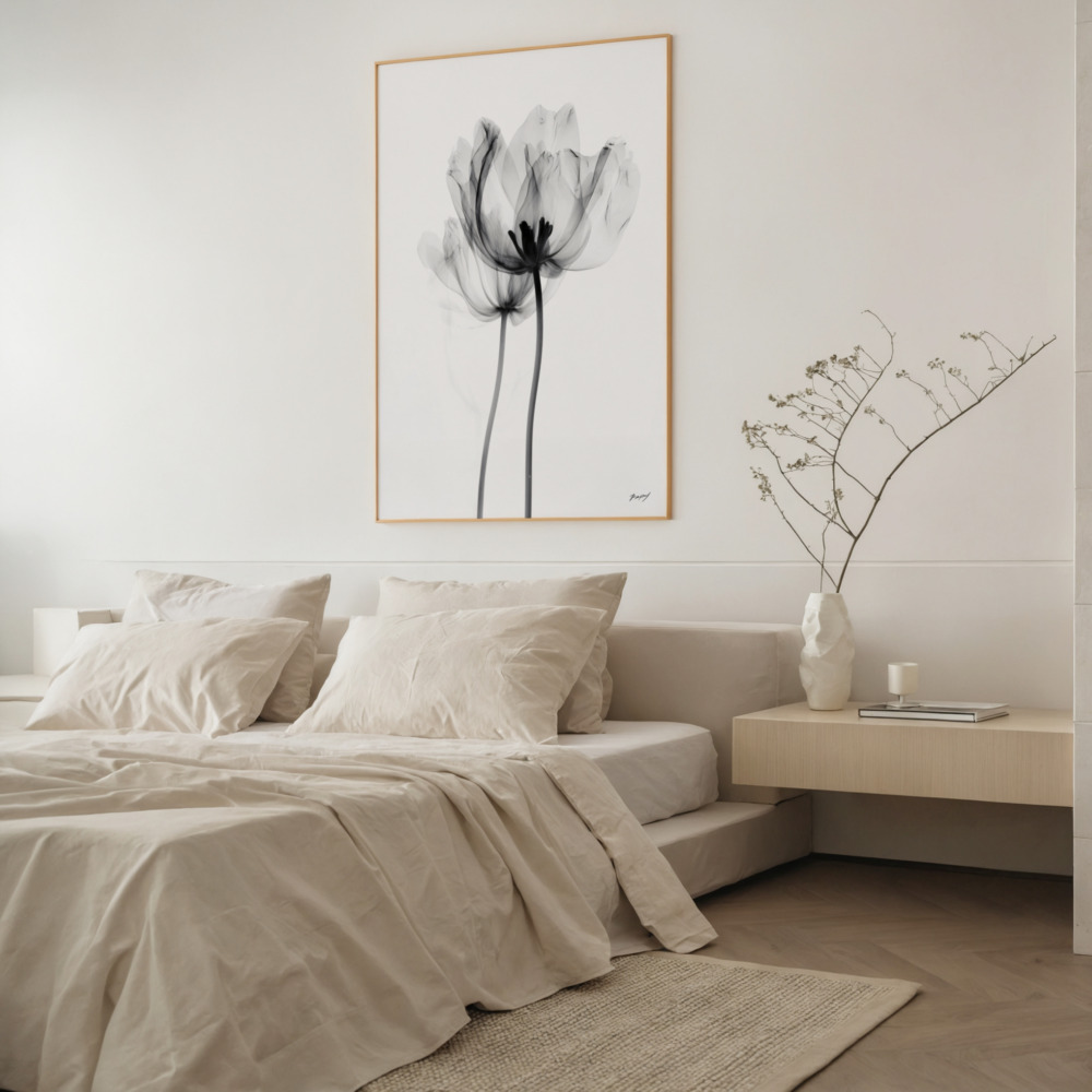 Minimalist black and white floral art above neutral bed with wooden nightstand