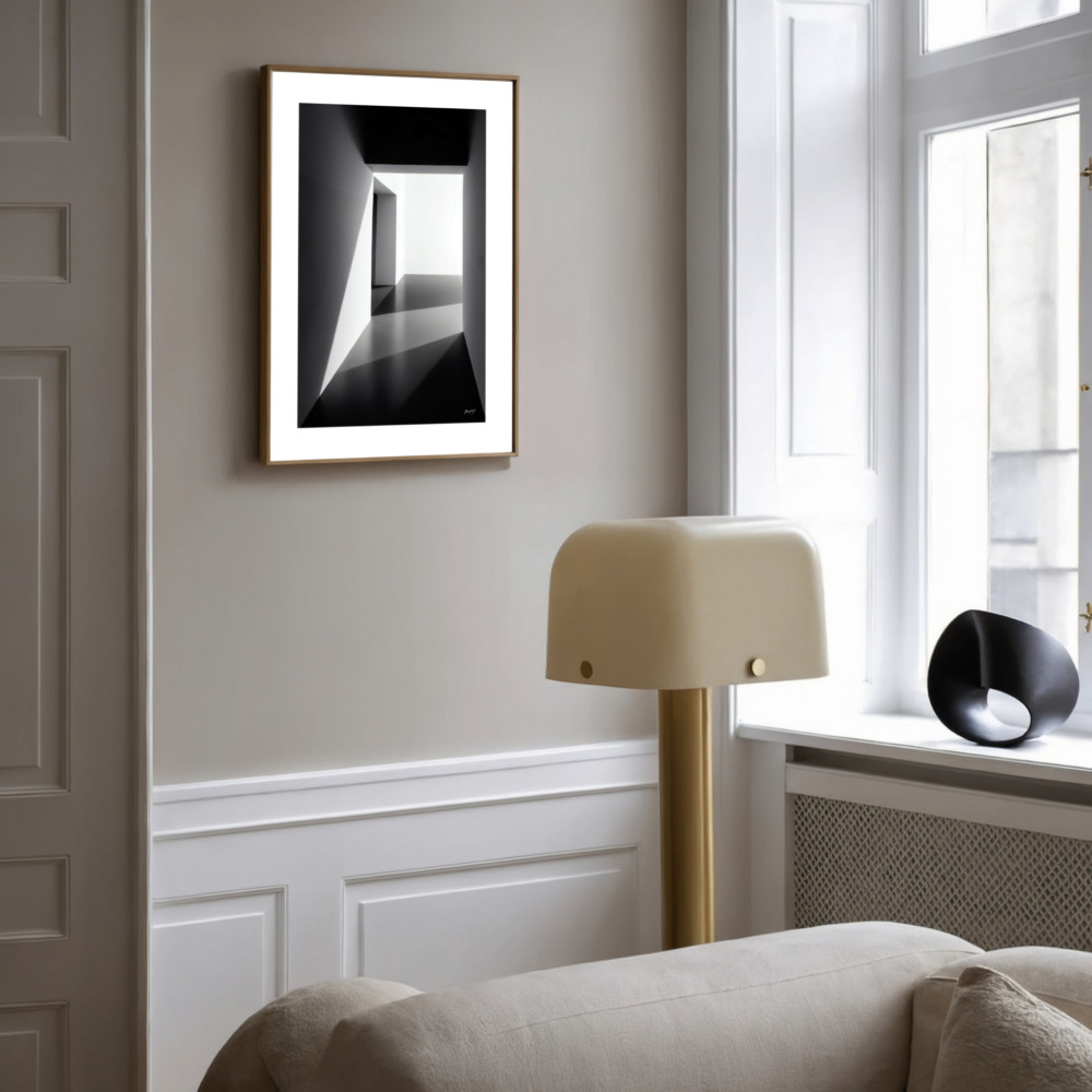 Minimalist architectural photograph in elegant gray room with modern lamp and classic wainscoting