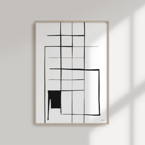 Minimalist geometric line drawing with black rectangle accent in wooden frame.