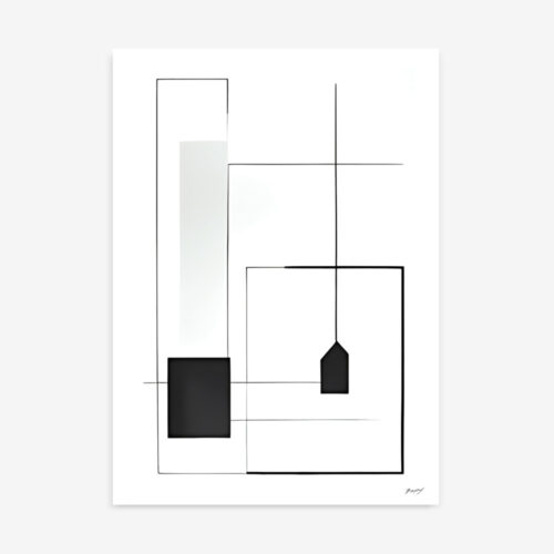 Black geometric minimalist composition with thin lines and solid shapes on white background