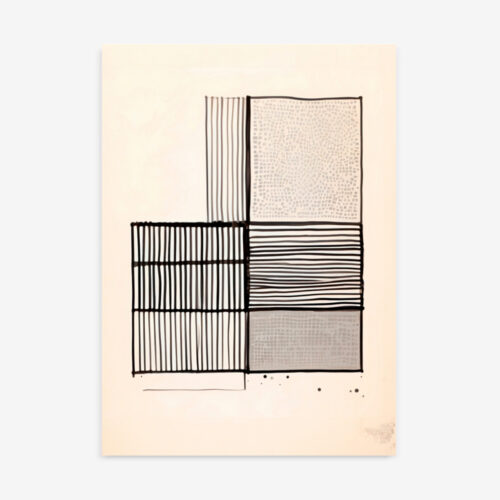 Grid of varied black linear patterns on cream paper creating geometric textures