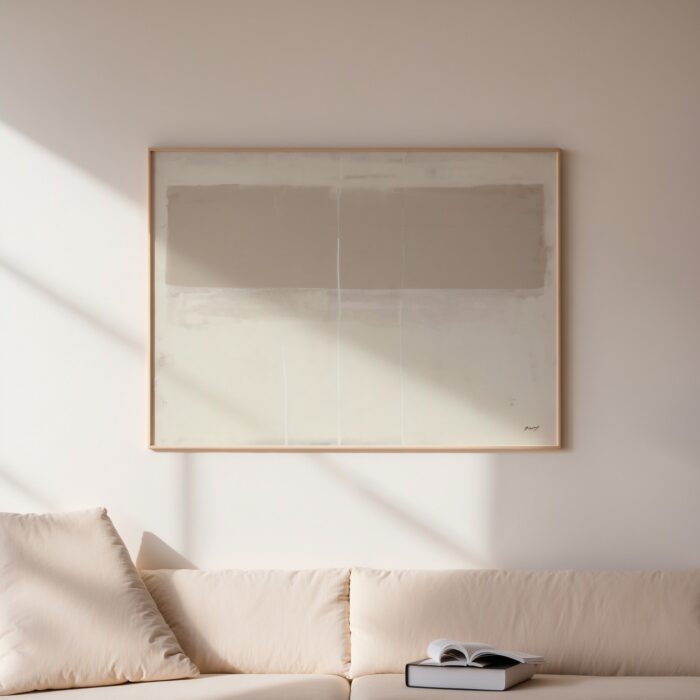 Minimalist abstract painting in neutral tones hanging above a cozy beige sofa.
