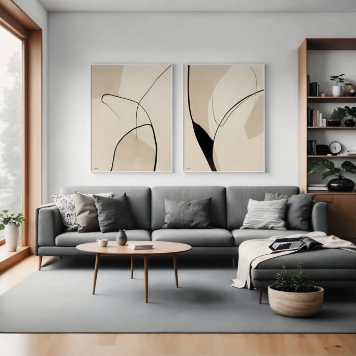 Minimalist living room with gray sectional sofa and abstract line art prints.