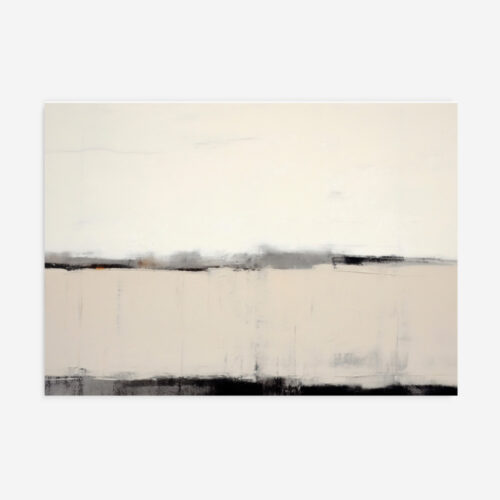 Minimalist abstract painting with cream background and gray horizontal band suggesting a distant horizon.