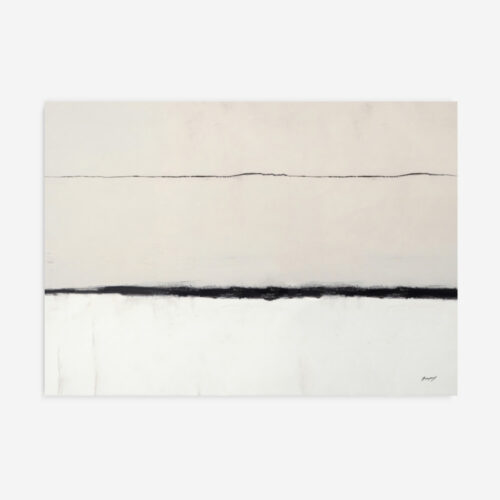 Minimal abstract painting with horizontal black bands dividing cream-colored space