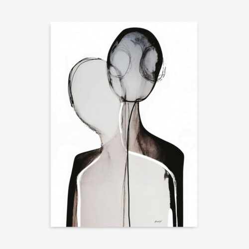 Minimalist ink figure with ghostly presence against white background