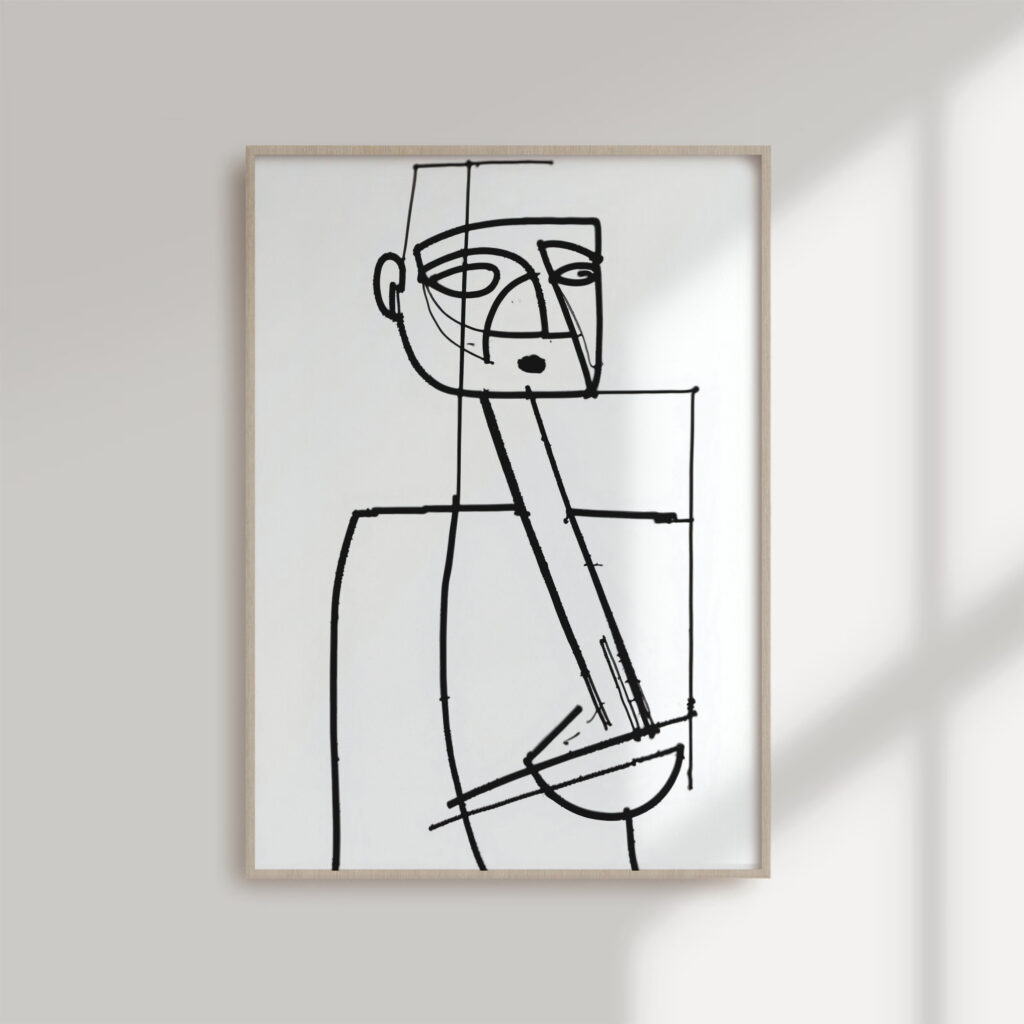 Minimalist black line figure drawing in light wood frame on white wall
