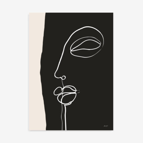 Minimalist white line face profile art on black and cream background