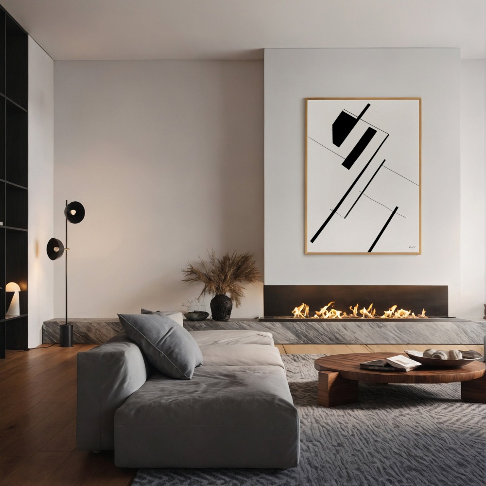 Black and white minimalist line art print above modern gray sectional sofa.