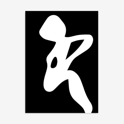Abstract white silhouette on black background suggests flowing human form in motion.