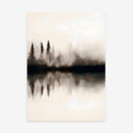 Fog-shrouded pine trees reflected perfectly in still waters at dawn.