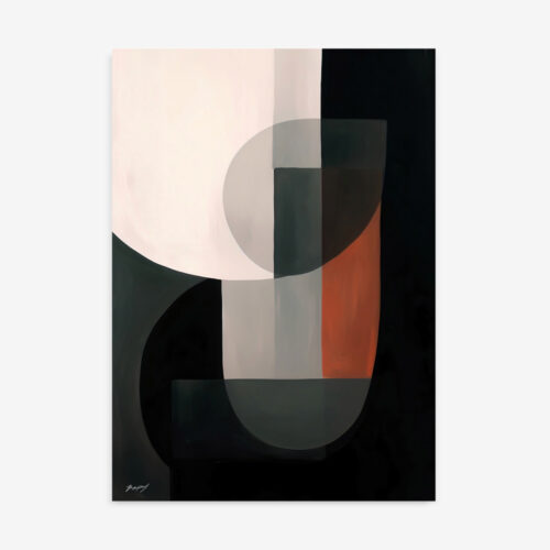 Geometric abstract art print with rounded shapes and color blocks in neutral and dark tones, depicted on a white background.