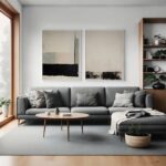 Contemporary abstract wall art above gray sectional sofa in minimal living room.