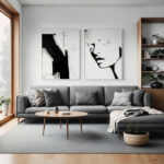 Minimalist living room with gray sofa and striking black and white abstract artwork.