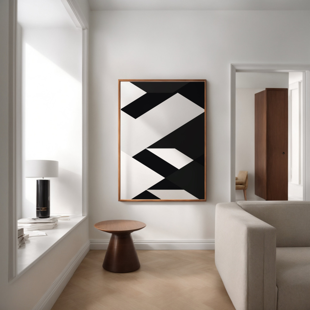 Minimalist white room with black geometric wall art and round wooden side table.