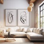 Modern living room with L-shaped sofa and black abstract art on brick wall.