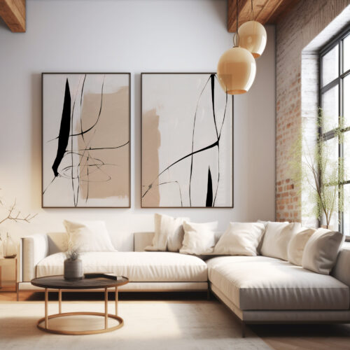 Modern living room with cream sofa, abstract art, and exposed brick wall.