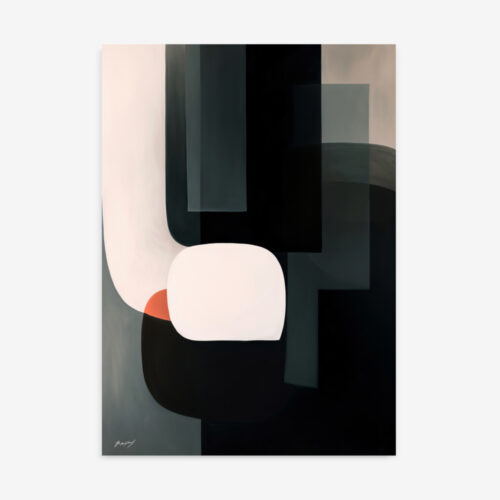 Geometric abstract design with black shapes and white curves featuring subtle red accent