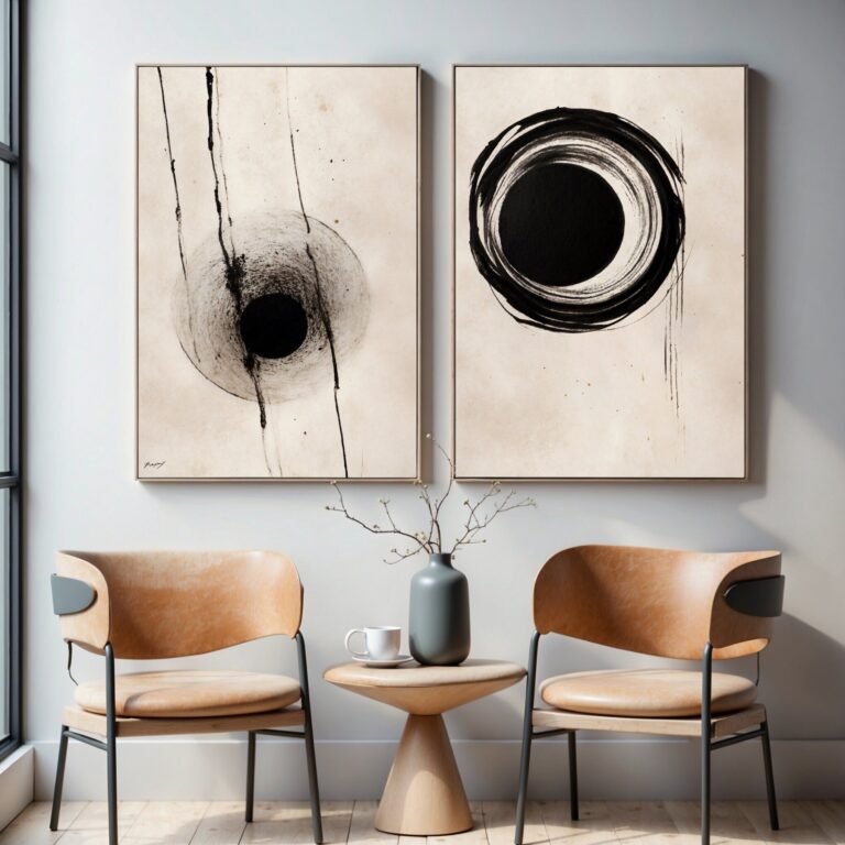 Two black abstract artworks above wooden chairs with leather seats and small table