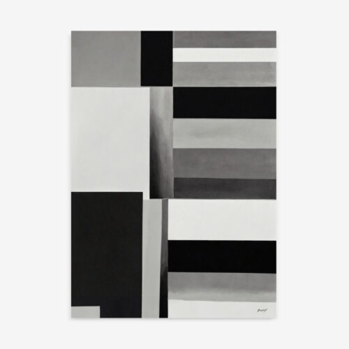Minimalist geometric composition with balanced black, white and gray rectangular shapes