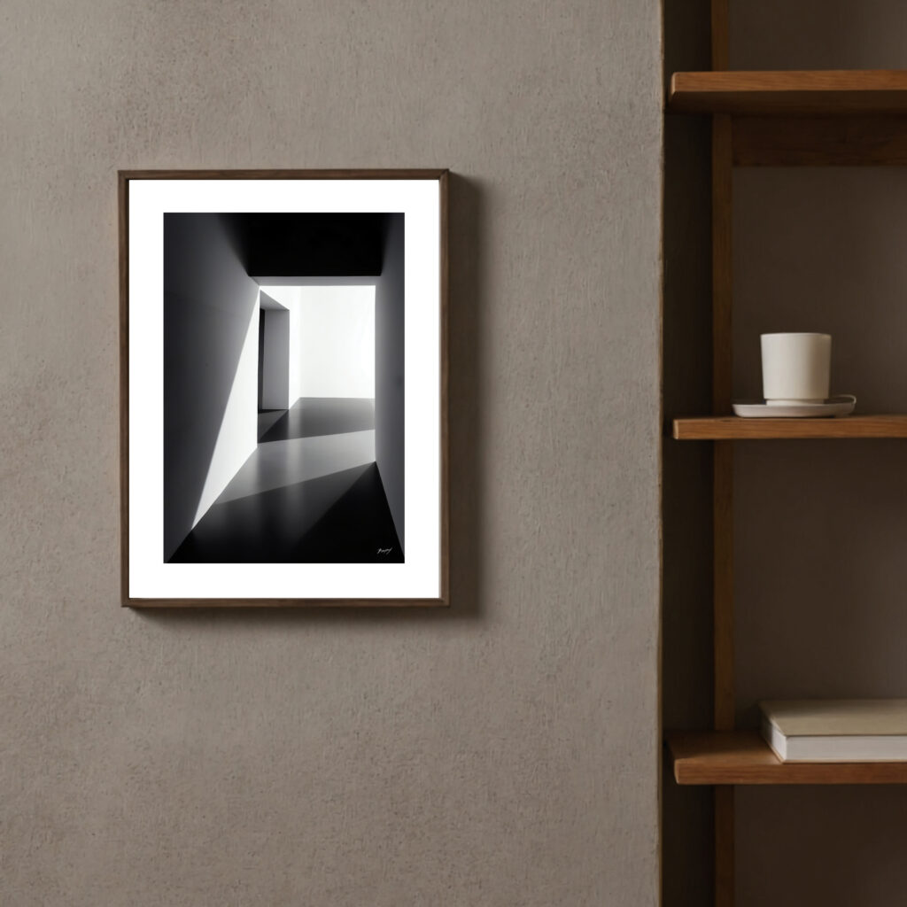 Black and white minimalist architecture print showcasing dramatic light and shadow patterns.