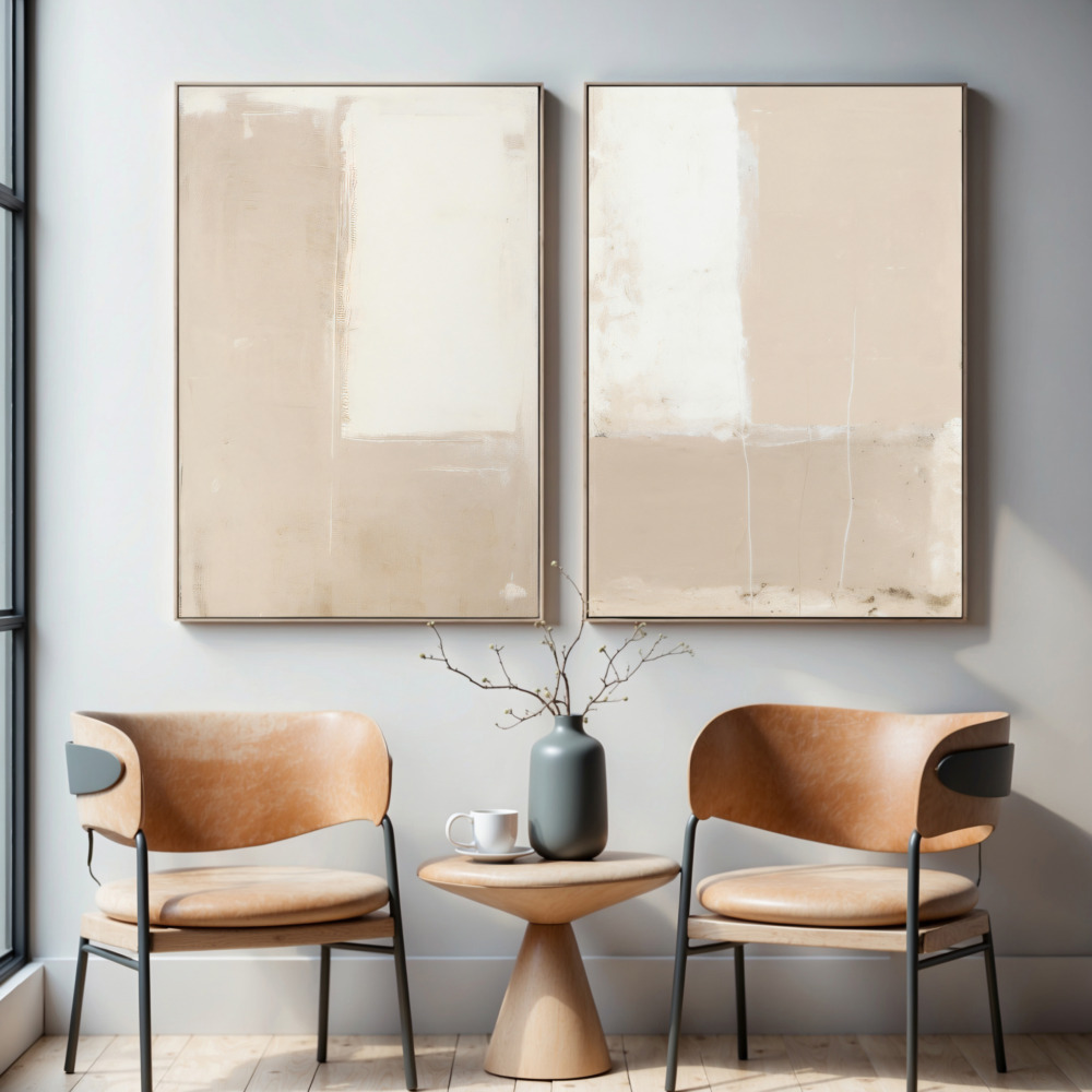 Abstract art paired with minimalist furniture creates a serene living space with warm tones.