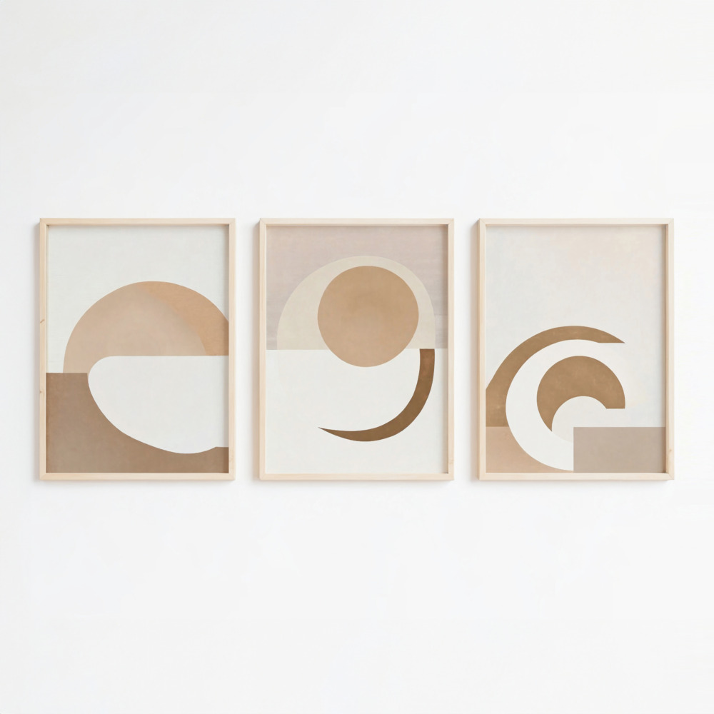 Minimalist earth tone geometric triptych wall art with curved shapes in wooden frames.