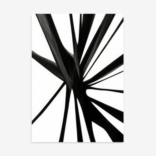 Minimalist abstract composition of sharp black lines radiating from center on white background.