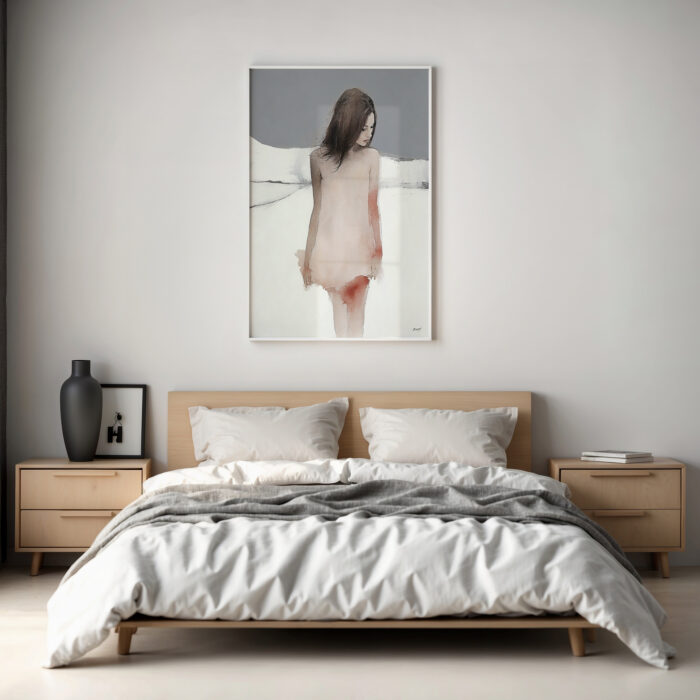 Minimalist Scandinavian bedroom with platform bed, wooden nightstands, and abstract wall art.