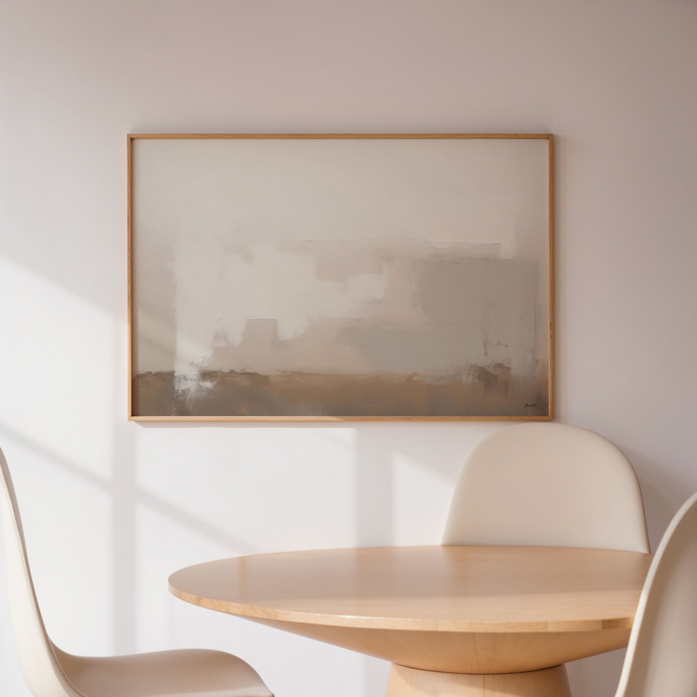 Minimalist living space with abstract landscape art above round wooden table.