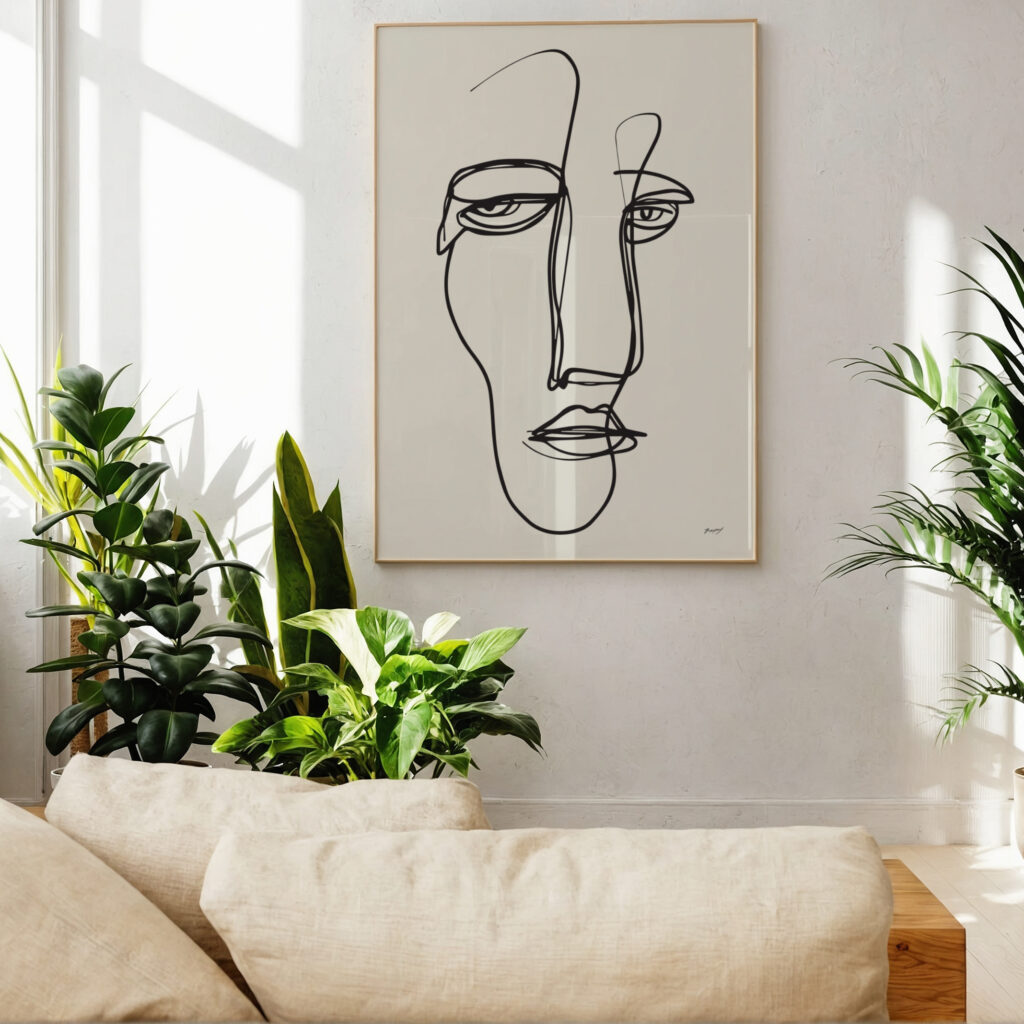 Minimalist face line drawing wall art with green plants in bright modern interior