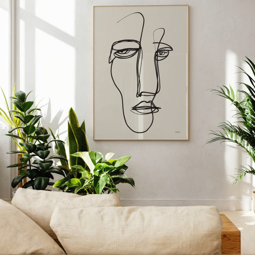 Minimalist face line drawing wall art with green plants in bright modern interior